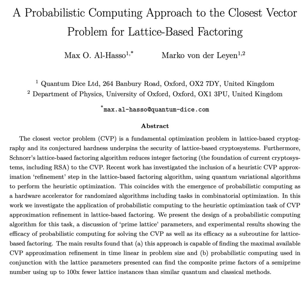 A Probabilistic Computing Approach to the Closest Vector Problem for Lattice-Based Factoring